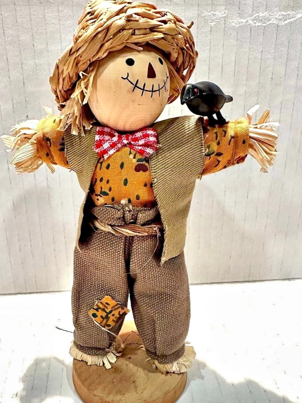 Vintage Scarecrow Harvest Decor Straw hat with crow on shoulder 4x7